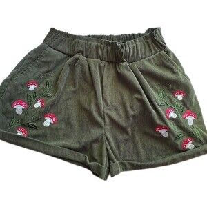 Mushroom Embroidered Corduroy Shorts Elastic Waist Pockets Womens Sz XL